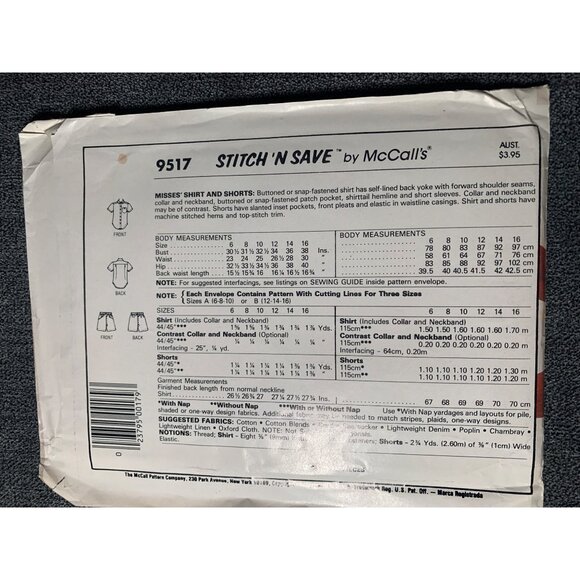 McCall's Misses Shirt Shorts Sewing Pattern sz 6-10 9517 - uncut - Picture 4 of 9